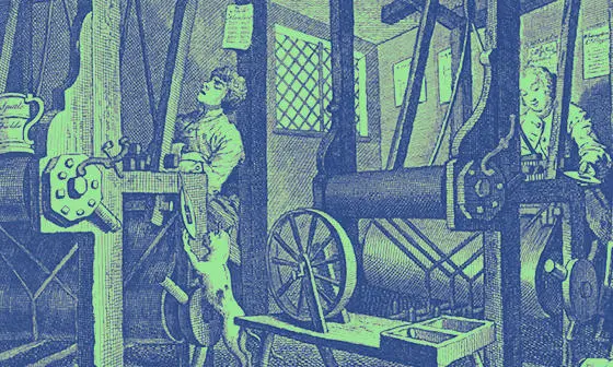 An illustration of men working a loom in pre-industrial revolution times.